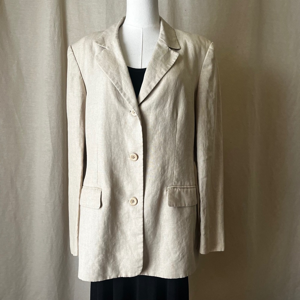 Vintage Linen Blazer Beige Minimalist Tailored Oversized 90s 14
